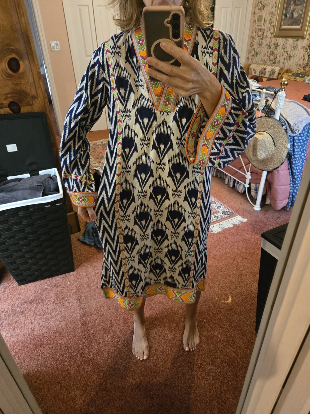 Vibrant Navy and Cream Patterned Tunic Dress with Colorful Trim
